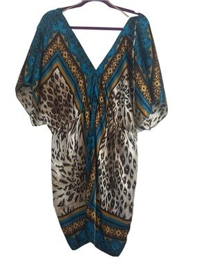 Vixen Plus Size 2X Boho Kaftan Dress Teal Leopard Kimono Sleeve Resort Style Top